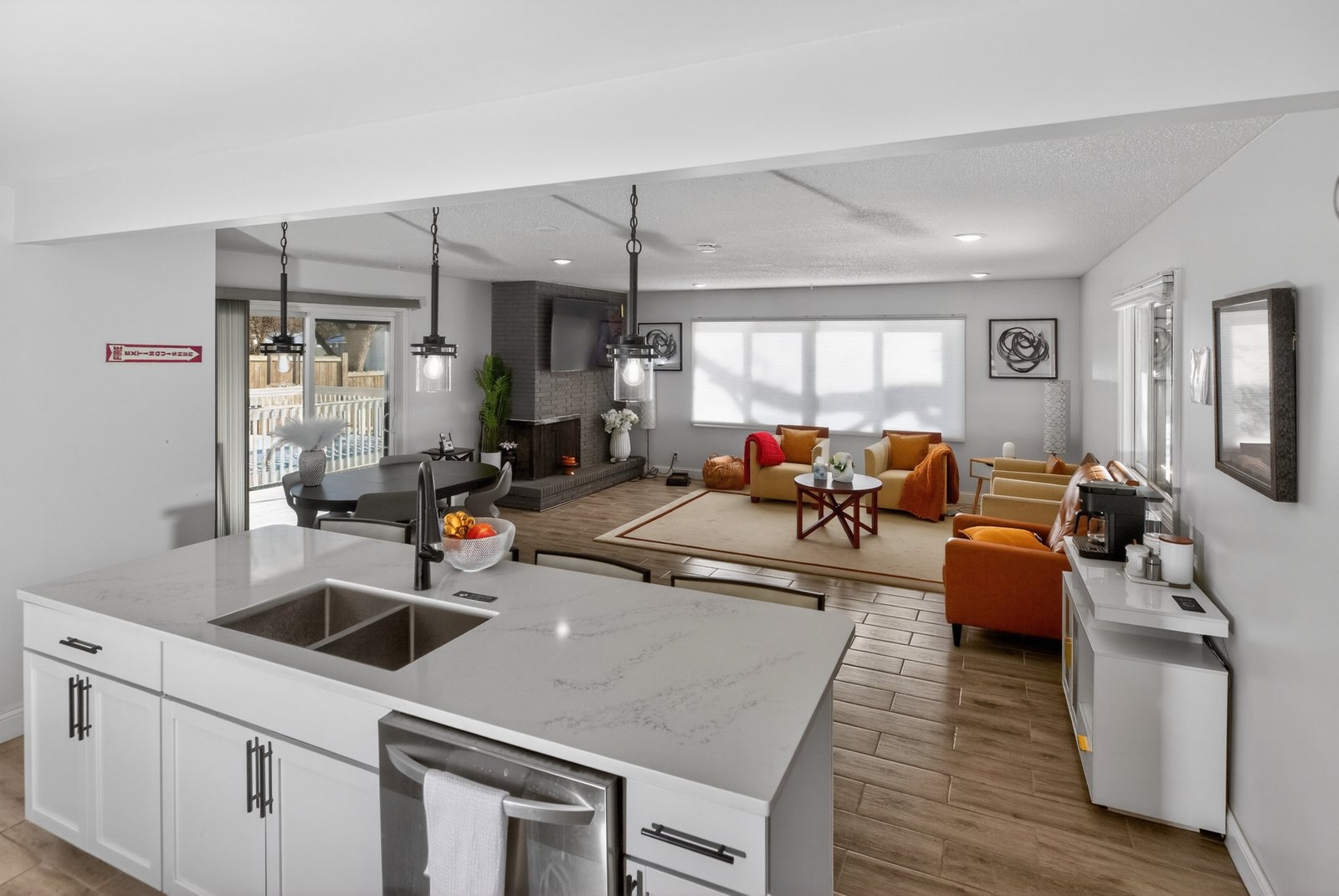 Open Kitchen & Living Area with Fireplace